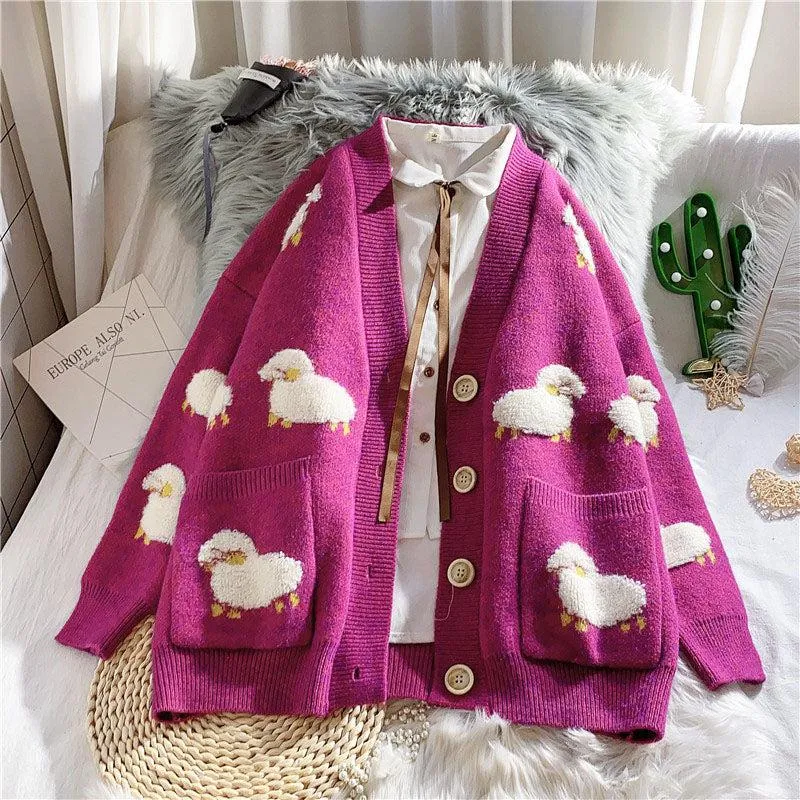 Sheep Embroidery Knitted Cardigan