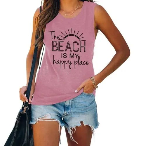 The Beach is My Happy Place Sleeveless Shirt for Women Summer Beach Tank Shirt