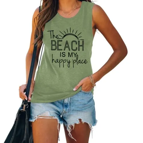 The Beach is My Happy Place Sleeveless Shirt for Women Summer Beach Tank Shirt