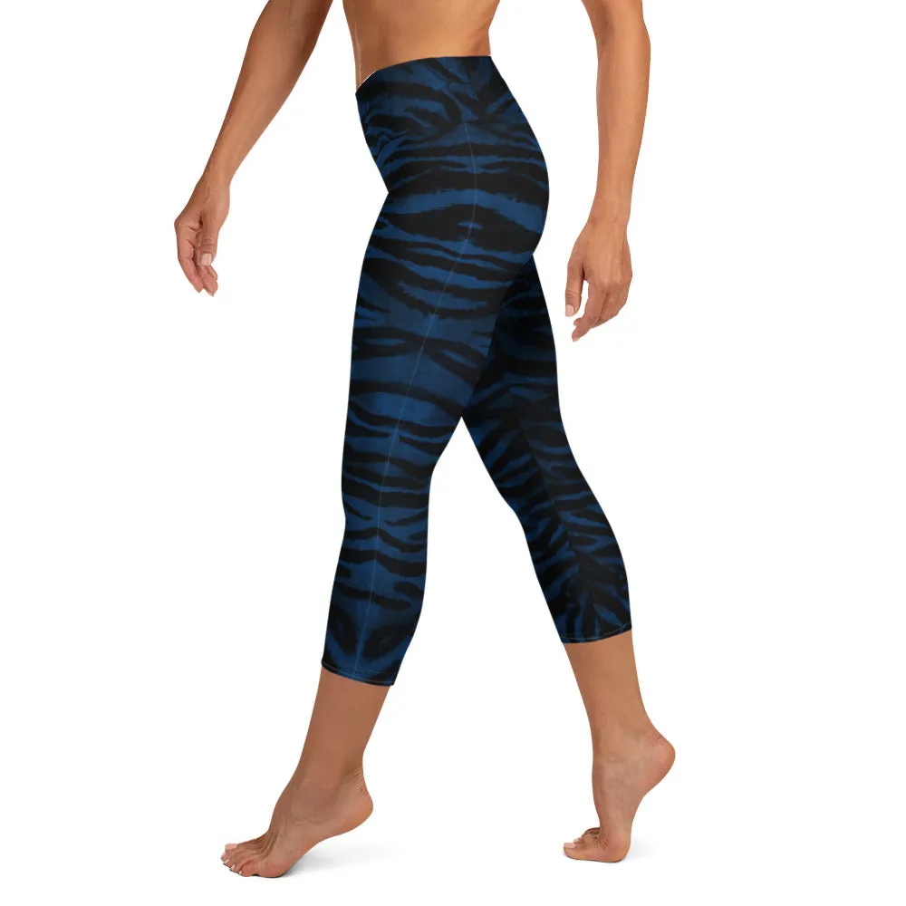 Tiger Stripe Yoga Capri Leggings, Navy Blue Animal Print Women's Yoga Tights- Made in USA/EU