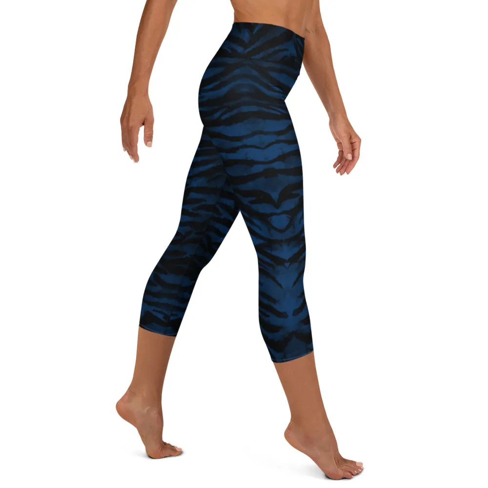 Tiger Stripe Yoga Capri Leggings, Navy Blue Animal Print Women's Yoga Tights- Made in USA/EU