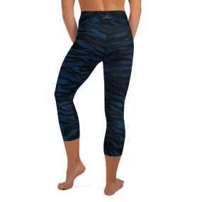 Tiger Stripe Yoga Capri Leggings, Navy Blue Animal Print Women's Yoga Tights- Made in USA/EU