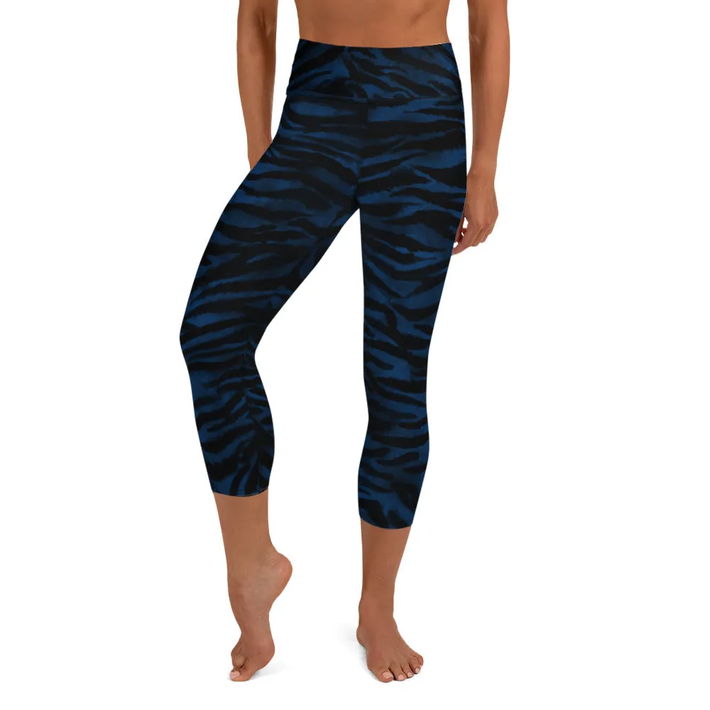 Tiger Stripe Yoga Capri Leggings, Navy Blue Animal Print Women's Yoga Tights- Made in USA/EU