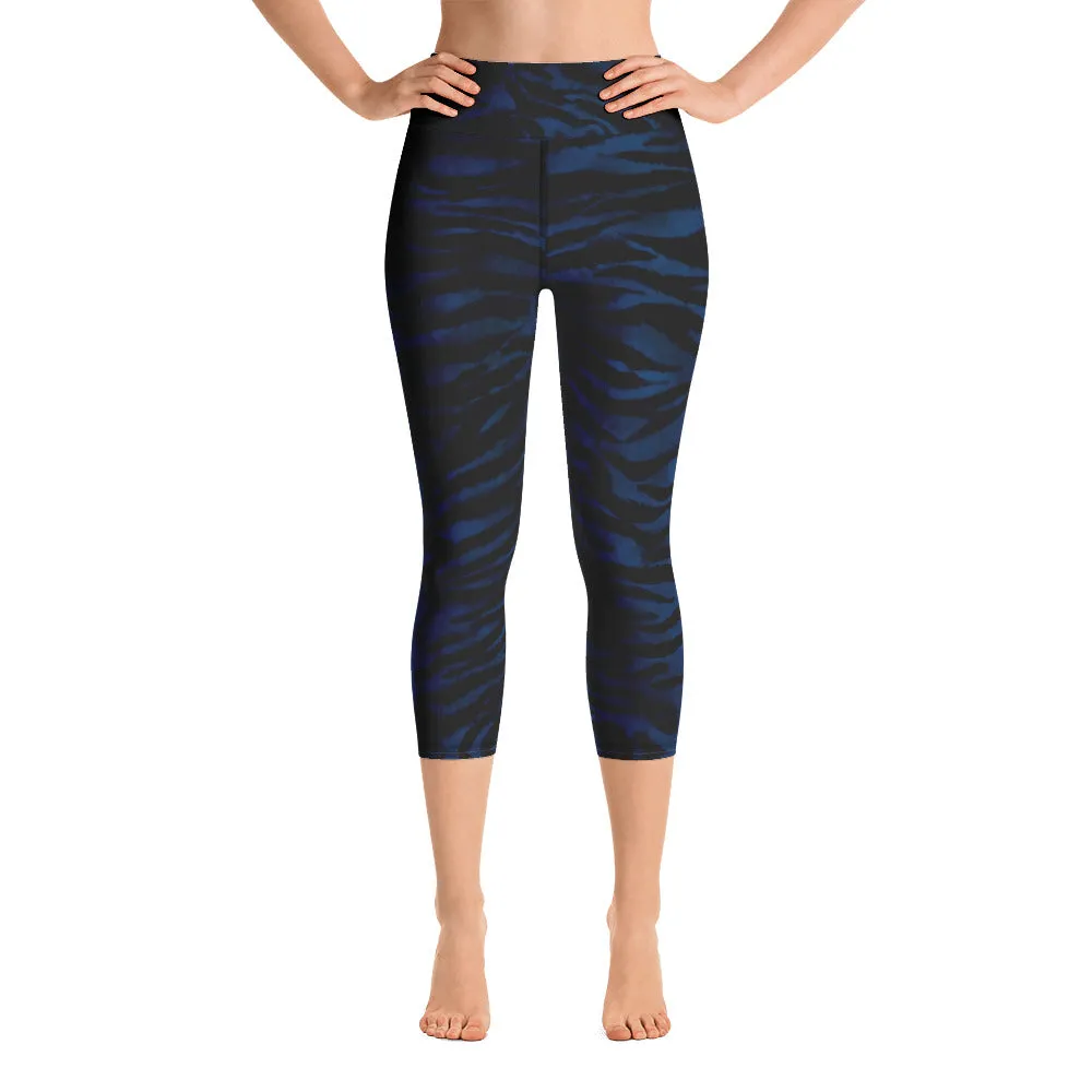 Tiger Stripe Yoga Capri Leggings, Navy Blue Animal Print Women's Yoga Tights- Made in USA/EU