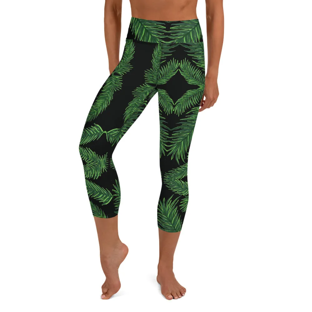 Tropical Leaf Yoga Capri Leggings, Women's Palm Leaves Print Soft Tights-Made in USA/EU