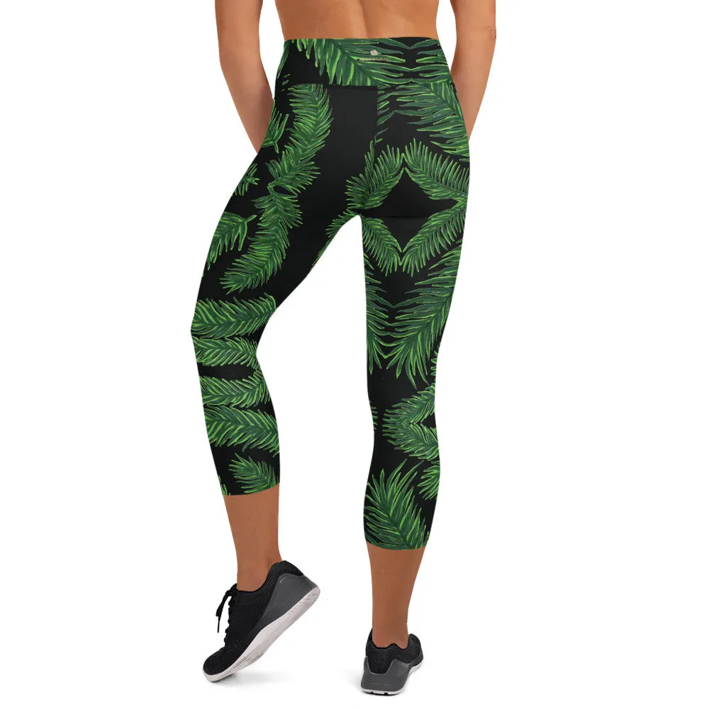 Tropical Leaf Yoga Capri Leggings, Women's Palm Leaves Print Soft Tights-Made in USA/EU