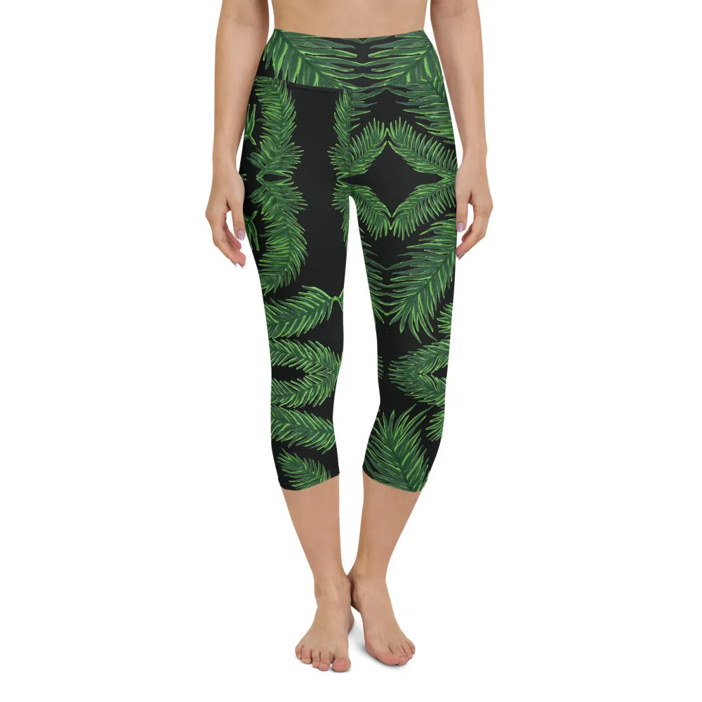 Tropical Leaf Yoga Capri Leggings, Women's Palm Leaves Print Soft Tights-Made in USA/EU