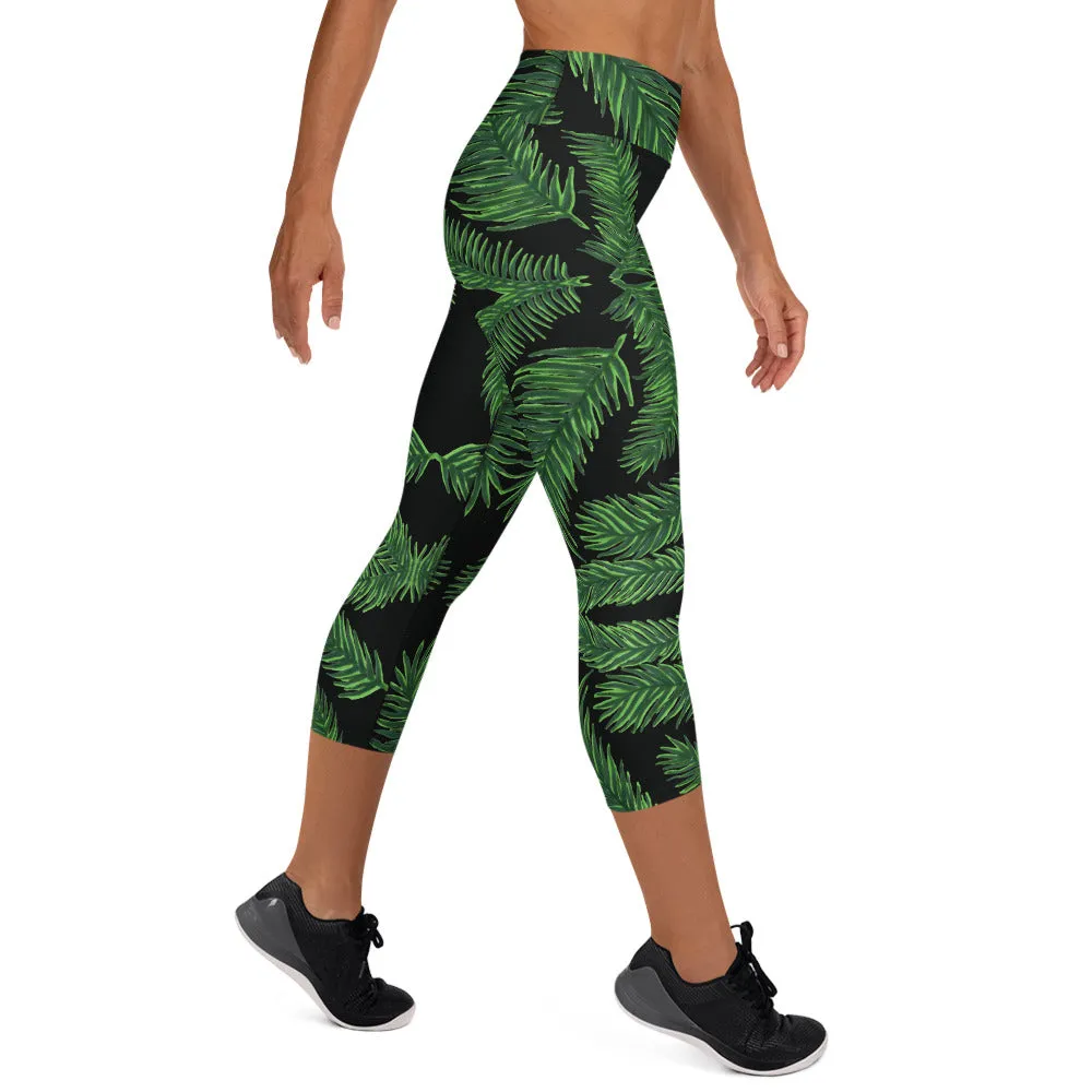 Tropical Leaf Yoga Capri Leggings, Women's Palm Leaves Print Soft Tights-Made in USA/EU