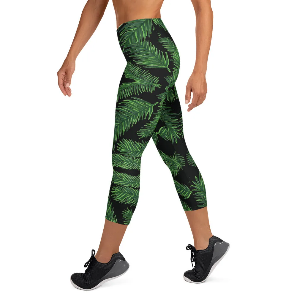 Tropical Leaf Yoga Capri Leggings, Women's Palm Leaves Print Soft Tights-Made in USA/EU