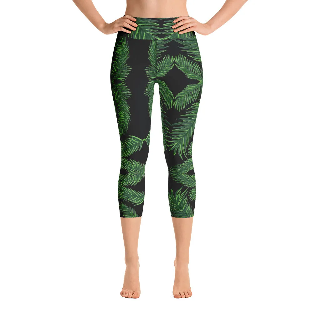 Tropical Leaf Yoga Capri Leggings, Women's Palm Leaves Print Soft Tights-Made in USA/EU