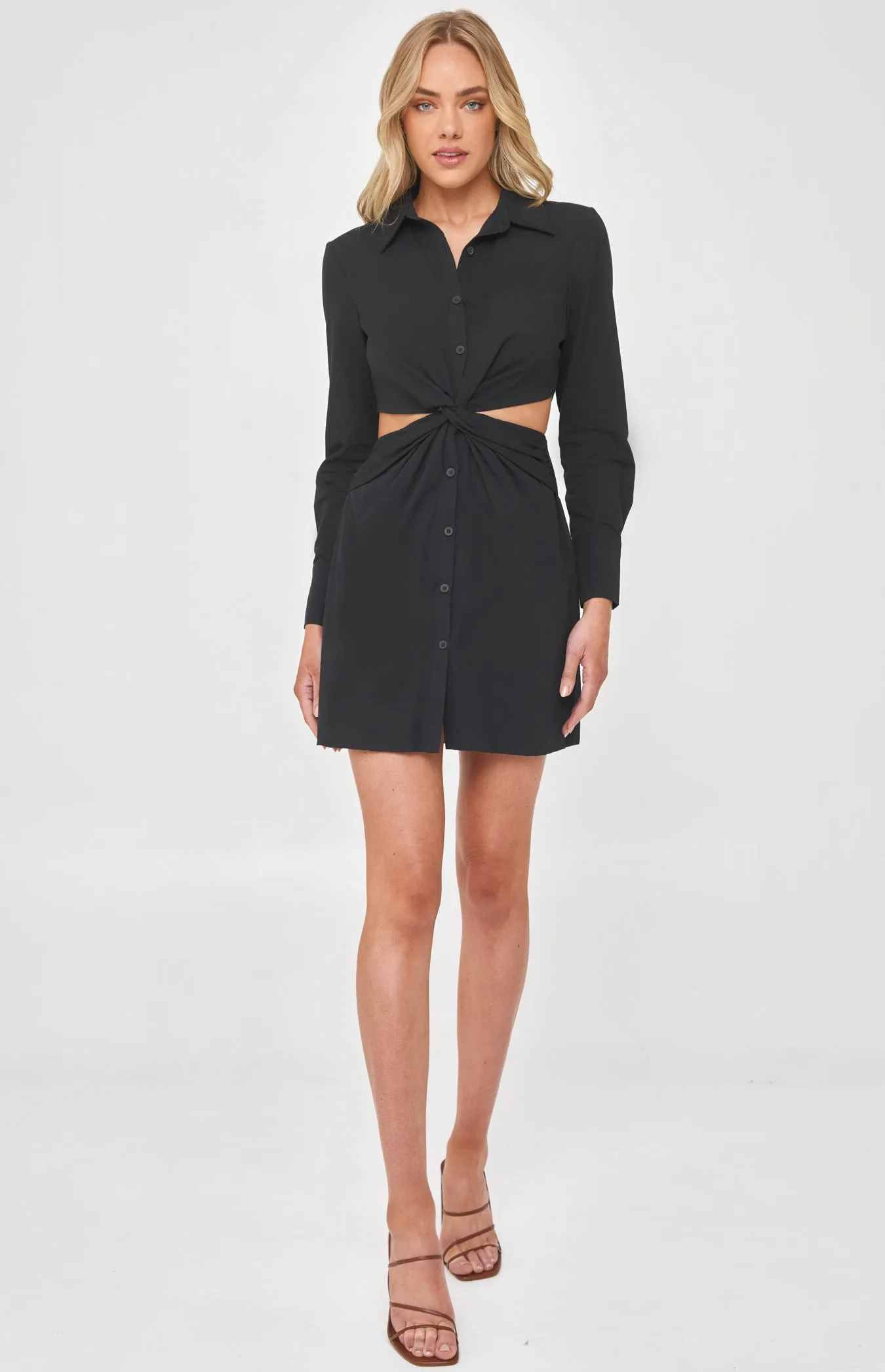 Twist Front Waist Cut Out Shirt Dress