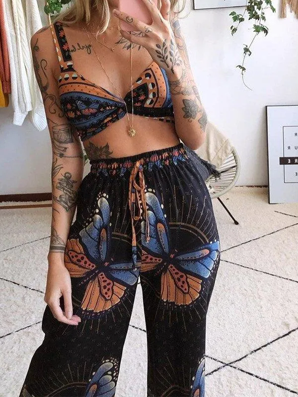 Two-Piece Butterfly Bare Midriff Wide Leg Suit