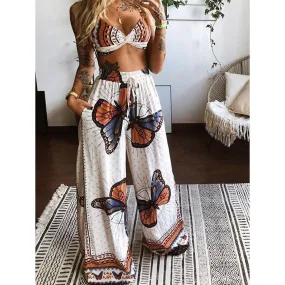 Two-Piece Butterfly Bare Midriff Wide Leg Suit