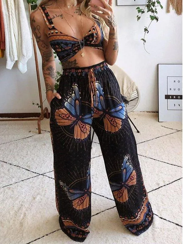 Two-Piece Butterfly Bare Midriff Wide Leg Suit