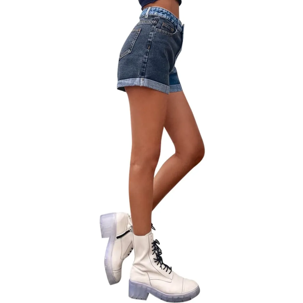 Two Tone Roll Up Hem Slant Pocket Zipper Denim Shorts