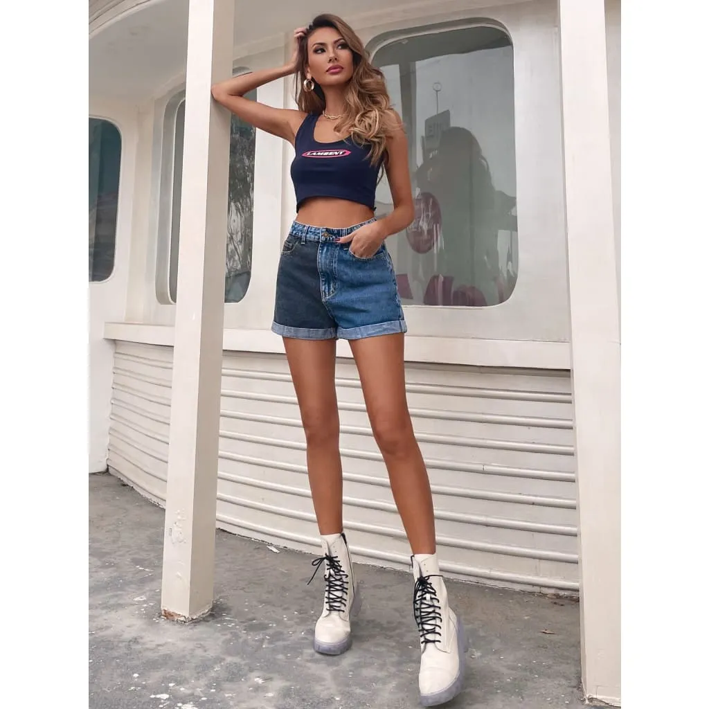 Two Tone Roll Up Hem Slant Pocket Zipper Denim Shorts