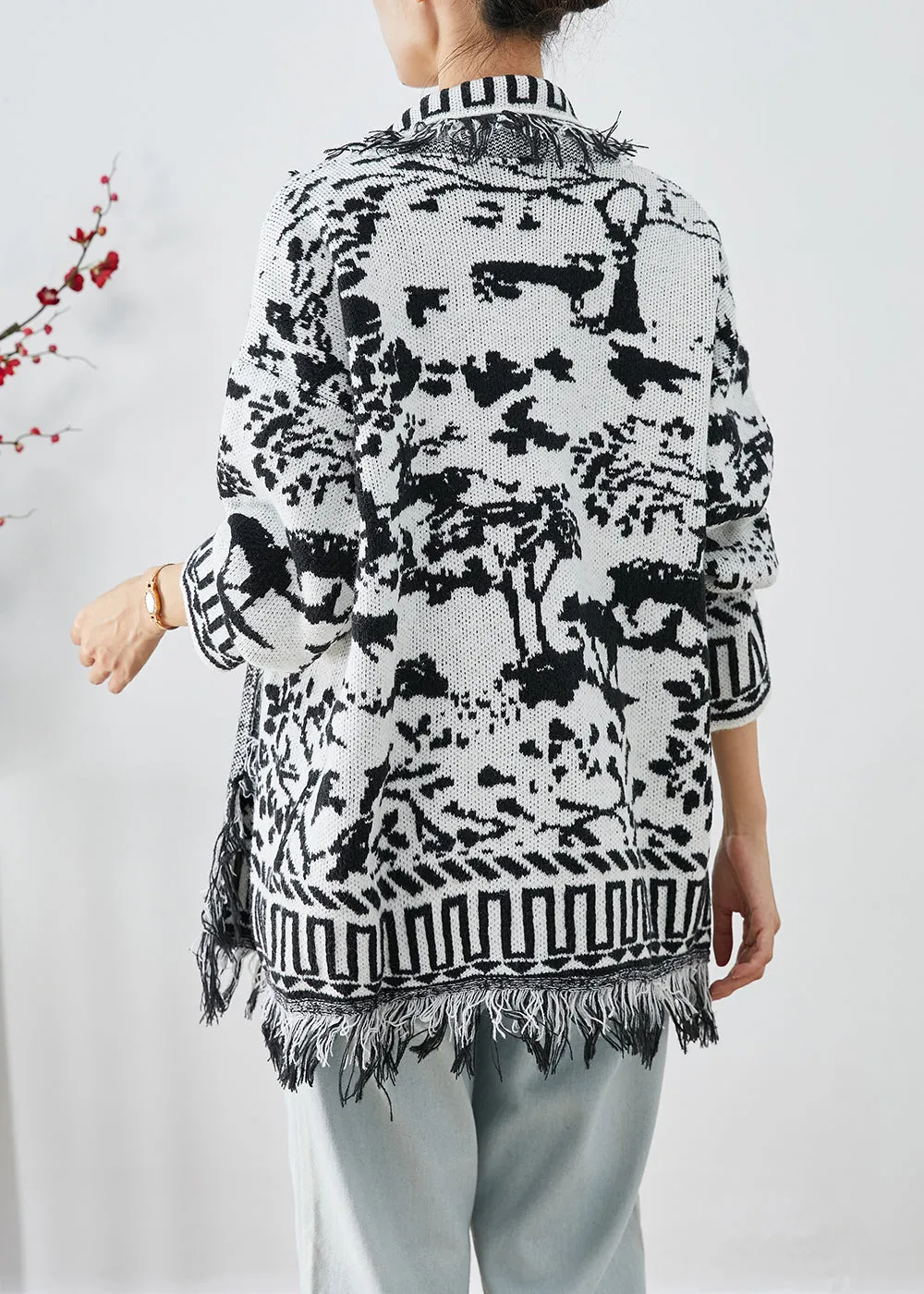 Unique White Tasseled Jacquard Knit Cardigan Fall