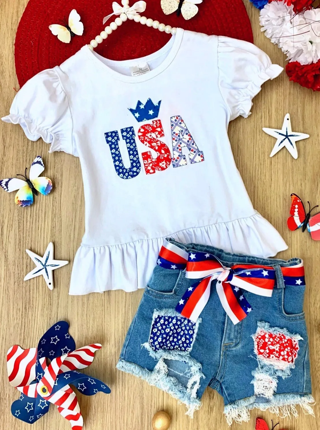 USA Sequin Patched Denim Shorts Set