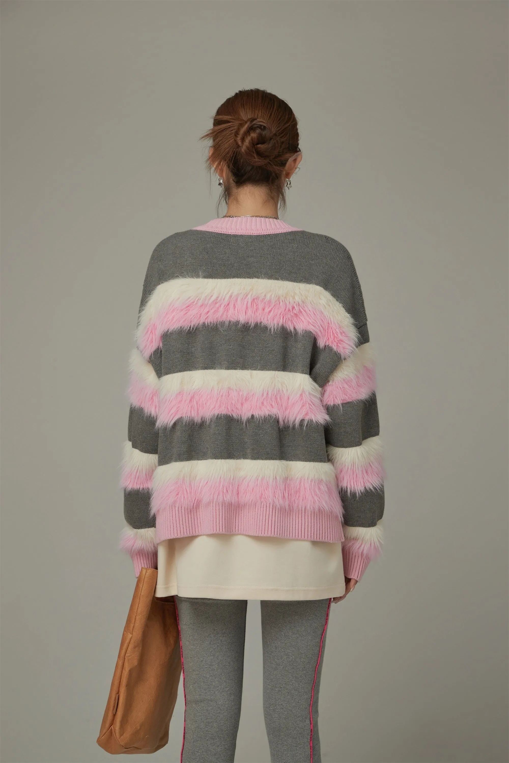 V-Neck Color Combination Stripe Knit Cardigan