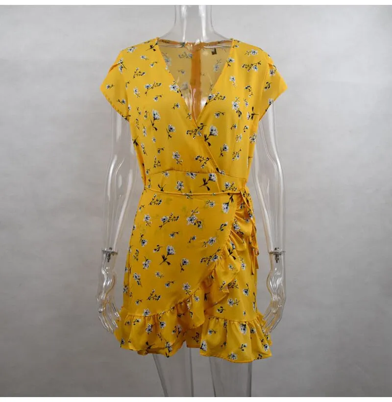 VenusFox Women Loose Short Sleeve V-Neck Ruffles Print Yellow Chiffon Mini Dress