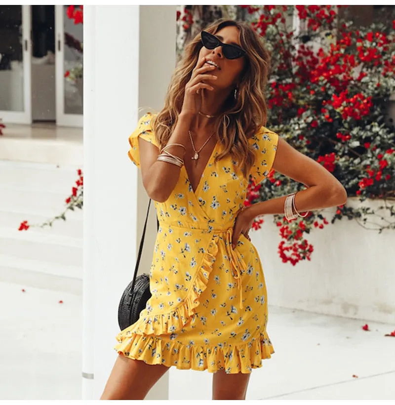 VenusFox Women Loose Short Sleeve V-Neck Ruffles Print Yellow Chiffon Mini Dress