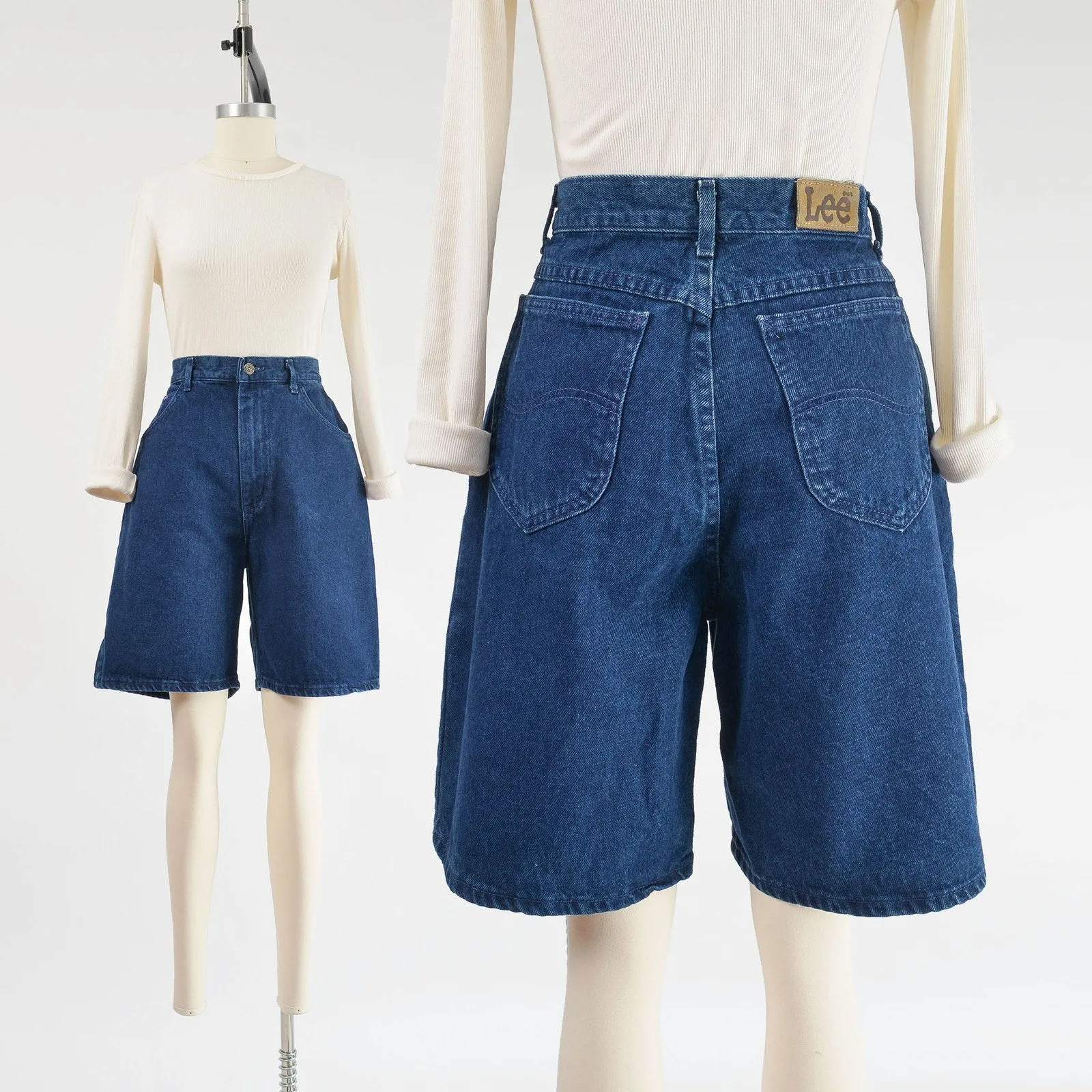 Vintage Lee Jean Shorts Indigo Denim High Waisted Knee Length Mom Jean Shorts M