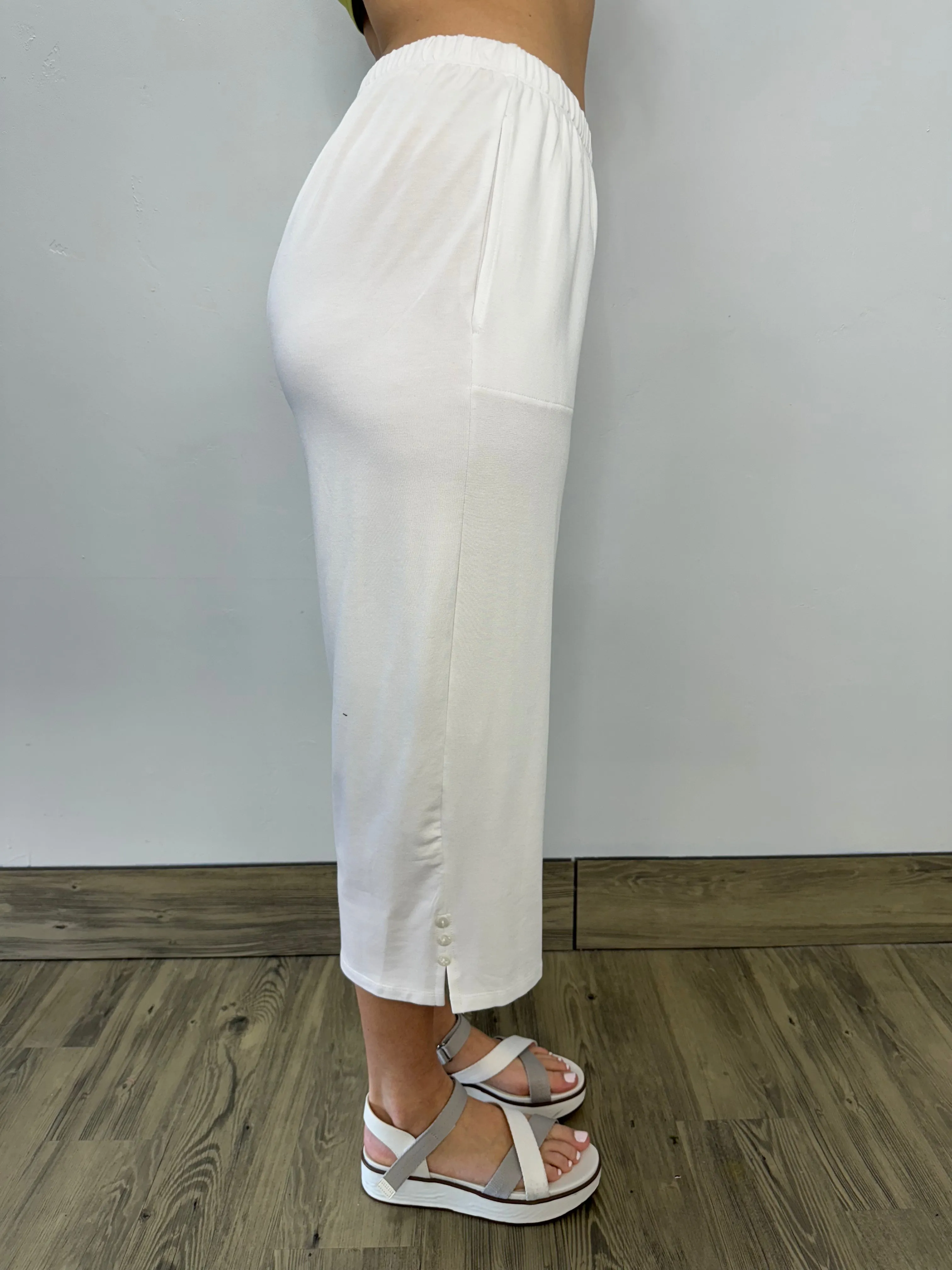 White Bamboo French Terry Capri with Button Detail