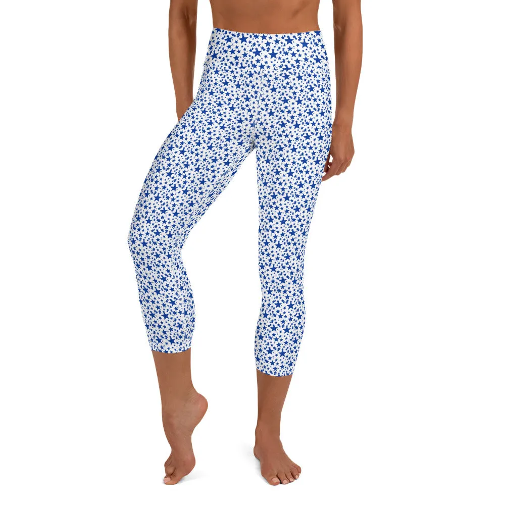 White Blue Stars Capri Tights, Starry Print Women's Yoga Capri Mid-Calf Leggings Pants- Made in USA/EU