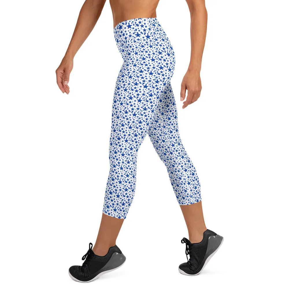 White Blue Stars Capri Tights, Starry Print Women's Yoga Capri Mid-Calf Leggings Pants- Made in USA/EU