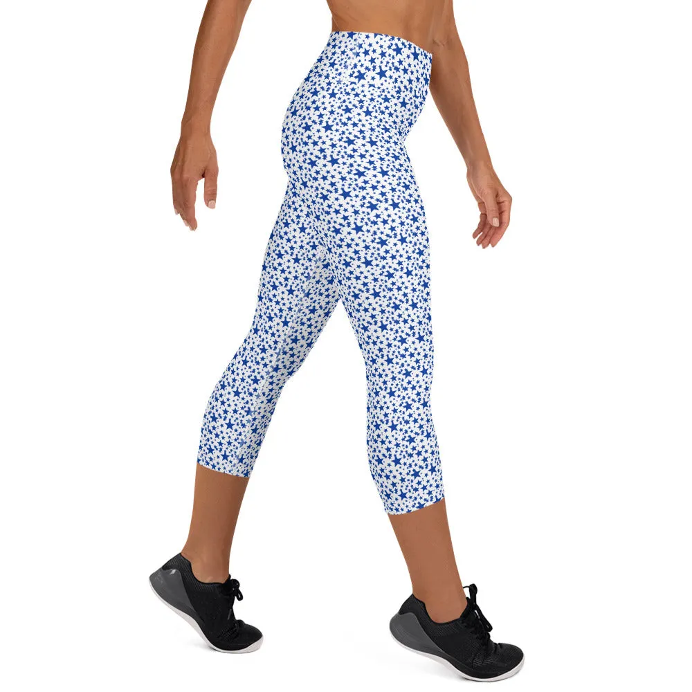 White Blue Stars Capri Tights, Starry Print Women's Yoga Capri Mid-Calf Leggings Pants- Made in USA/EU