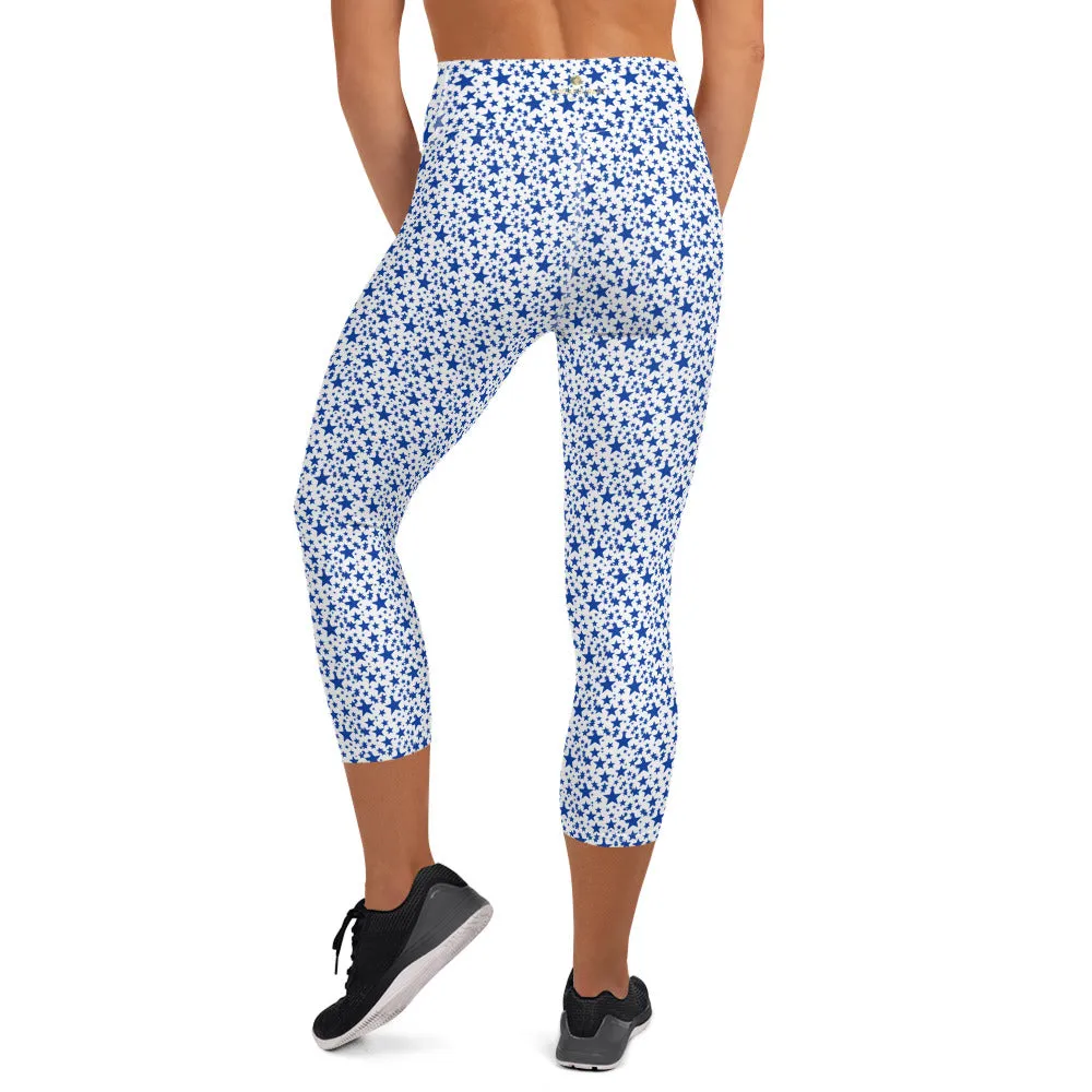 White Blue Stars Capri Tights, Starry Print Women's Yoga Capri Mid-Calf Leggings Pants- Made in USA/EU