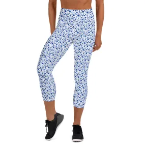 White Blue Stars Capri Tights, Starry Print Women's Yoga Capri Mid-Calf Leggings Pants- Made in USA/EU