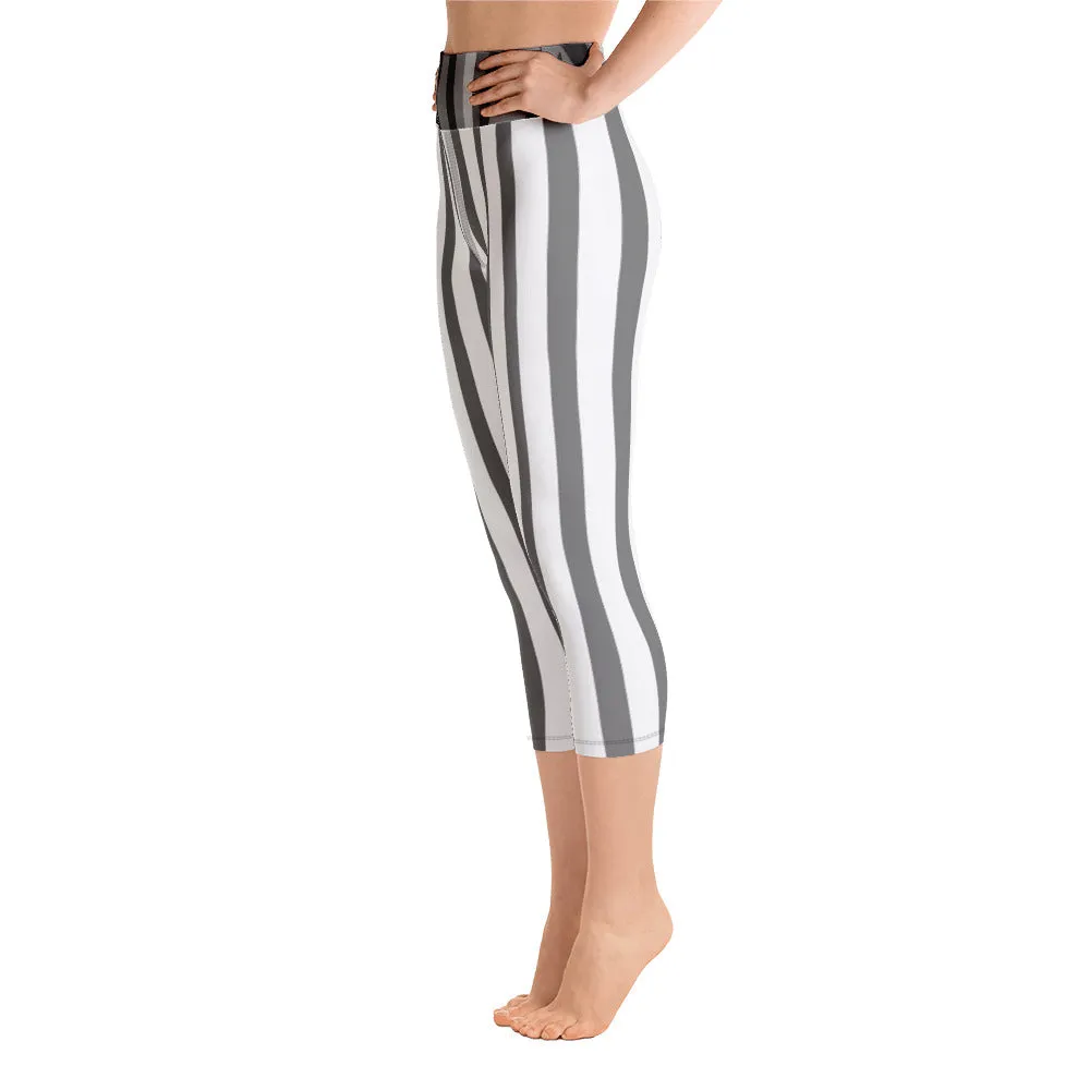 White Gray Vertical Striped Tights, Women's Yoga Capri Pants Leggings- Made in USA/EU/MX