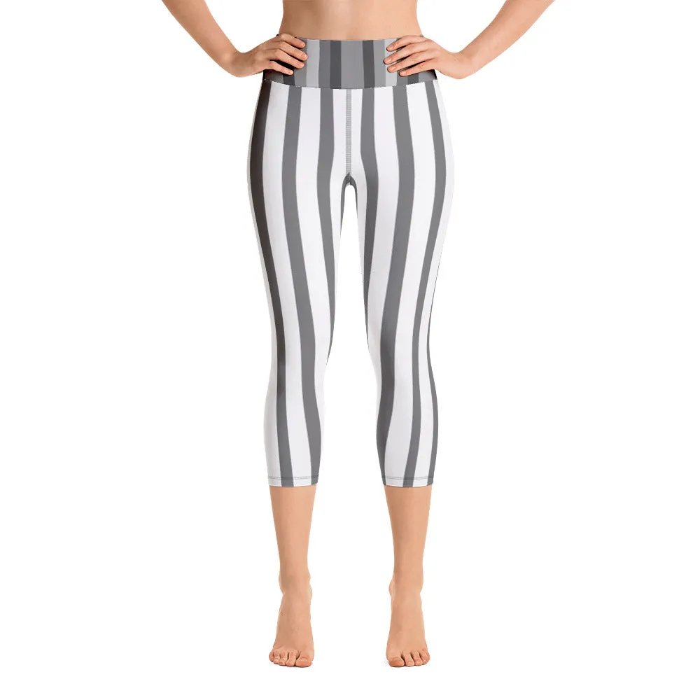 White Gray Vertical Striped Tights, Women's Yoga Capri Pants Leggings- Made in USA/EU/MX