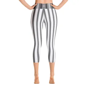 White Gray Vertical Striped Tights, Women's Yoga Capri Pants Leggings- Made in USA/EU/MX