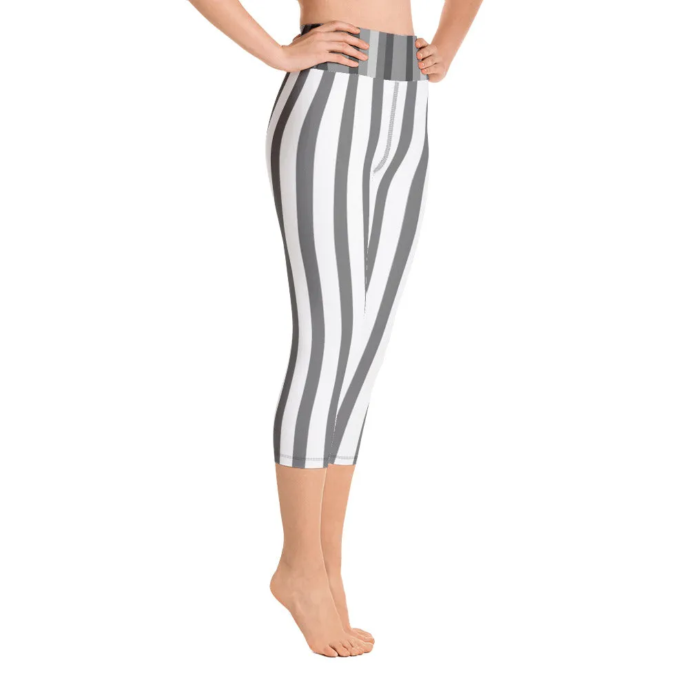 White Gray Vertical Striped Tights, Women's Yoga Capri Pants Leggings- Made in USA/EU/MX