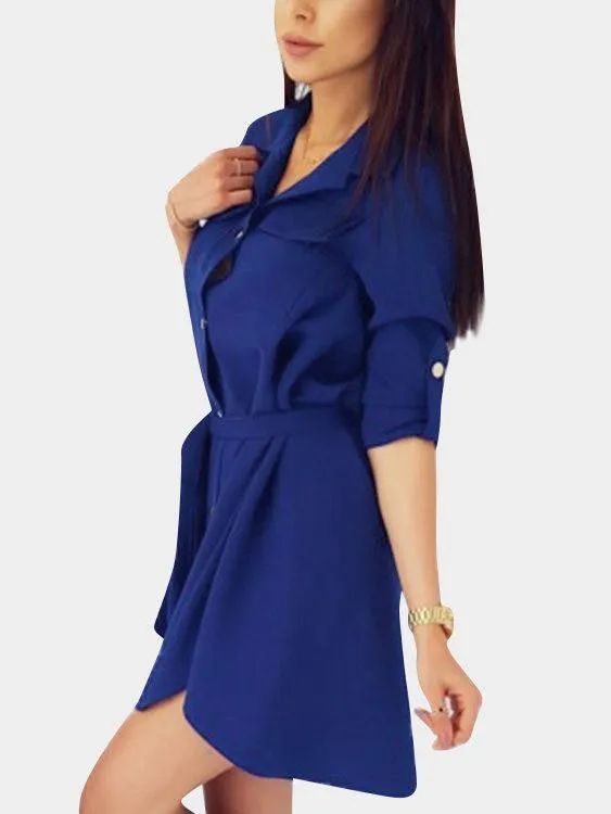 Wholesale Classic Collar Plain Lace-Up Long Sleeve Curved Hem Blue Shirt Dresses