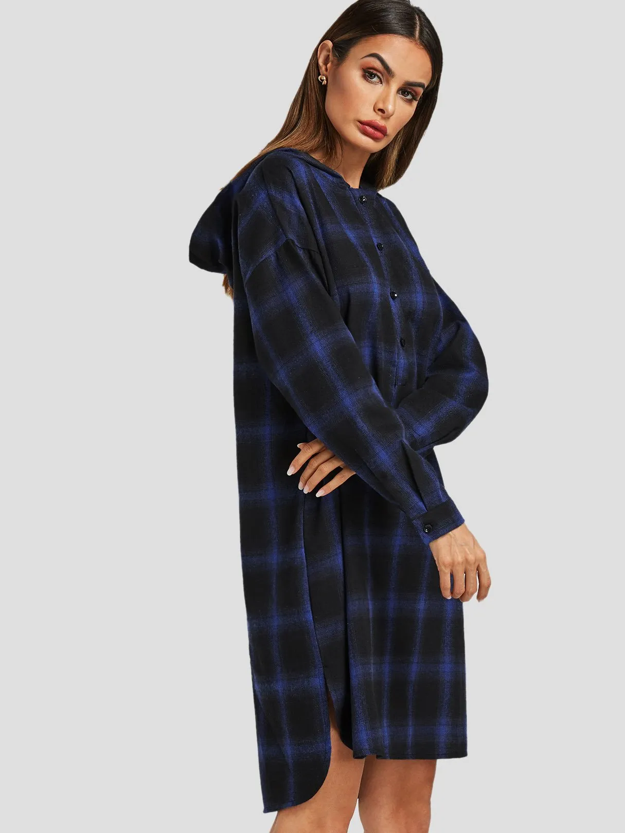 Wholesale Grid Printed Hooded Long Sleeve Slit Hem Black Shirt Dresses