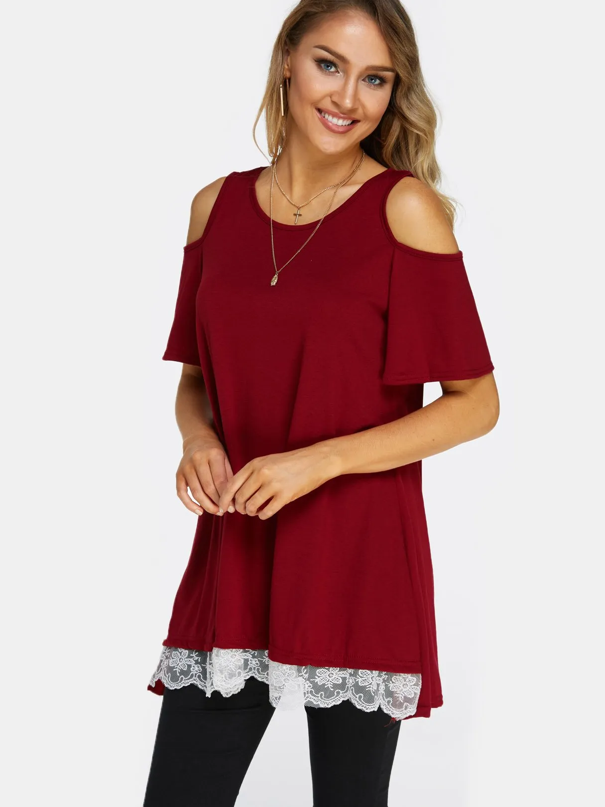 Wholesale Round Neck Cold Shoulder Short Sleeve Lace Irregular Hem Shirt Dress