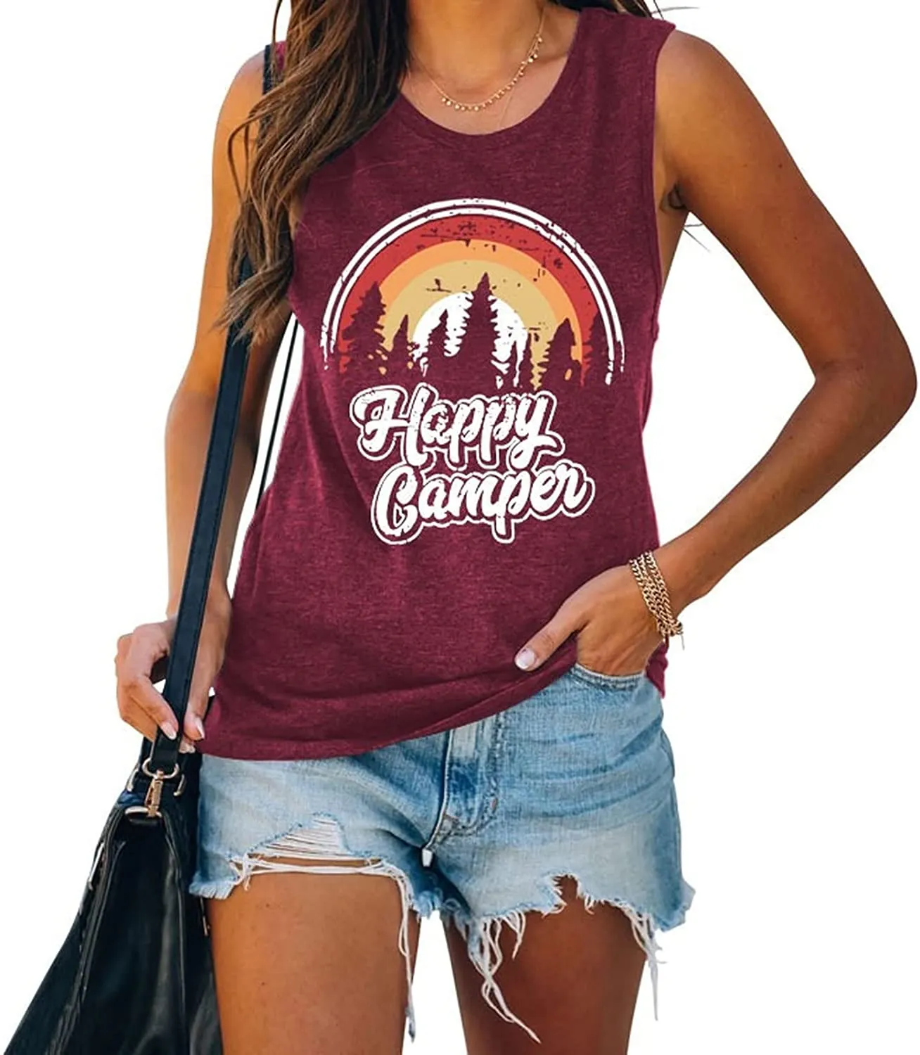 Women Happy Camper Tank Tops Camping Adventure Nature Lover Shirt