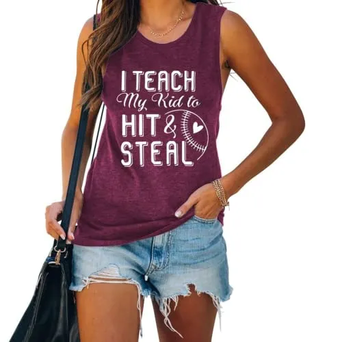 Women I Teach My Kids to Hit and Steal Tank Shirt Baseball Mom Shirt Baseball Graphic Shirt