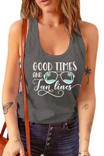 Women Summer Beach Vacation Sunglasses Tank Good Times and Tan Lines Tees Tops