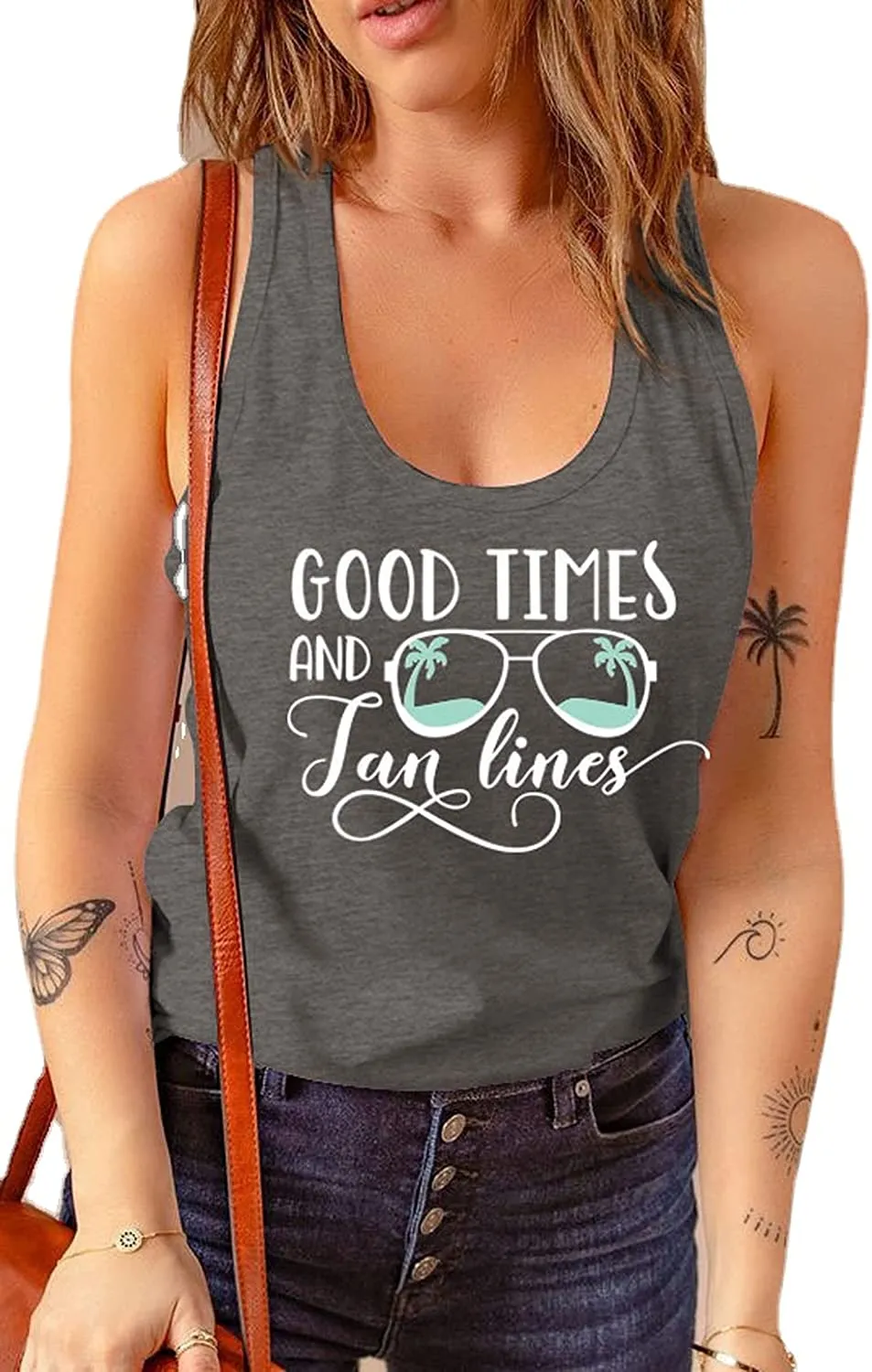 Women Summer Beach Vacation Sunglasses Tank Good Times and Tan Lines Tees Tops