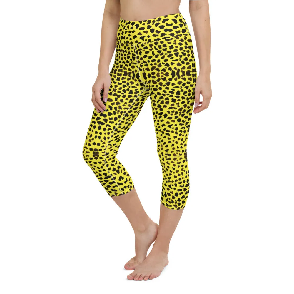 Yellow Leopard Yoga Capri Leggings, Bright Cheetah Animal Print Capri Tights-Made in USA/EU/MX