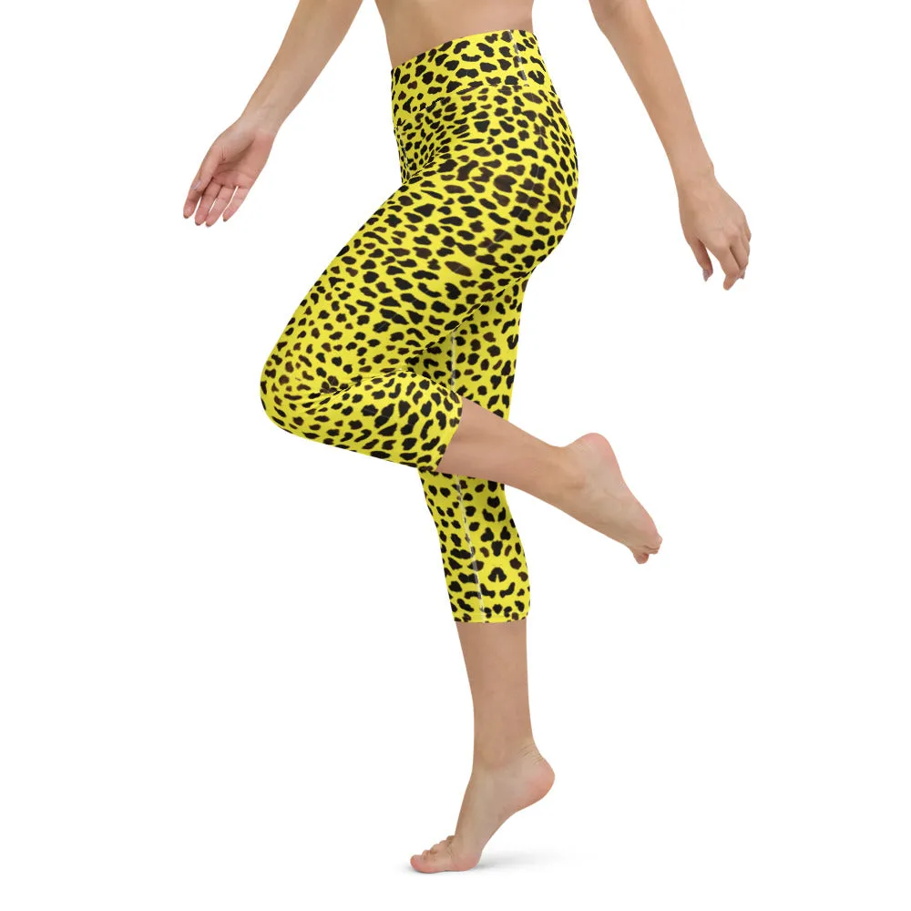 Yellow Leopard Yoga Capri Leggings, Bright Cheetah Animal Print Capri Tights-Made in USA/EU/MX