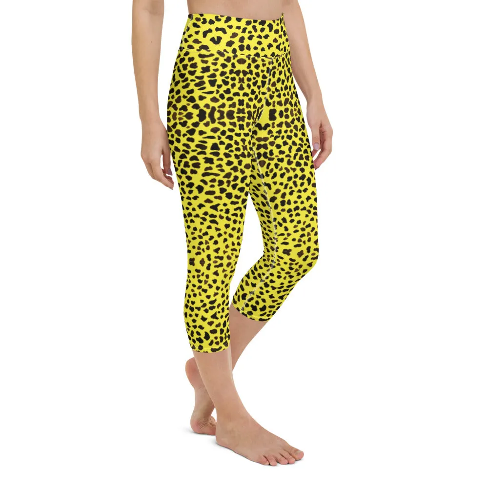 Yellow Leopard Yoga Capri Leggings, Bright Cheetah Animal Print Capri Tights-Made in USA/EU/MX