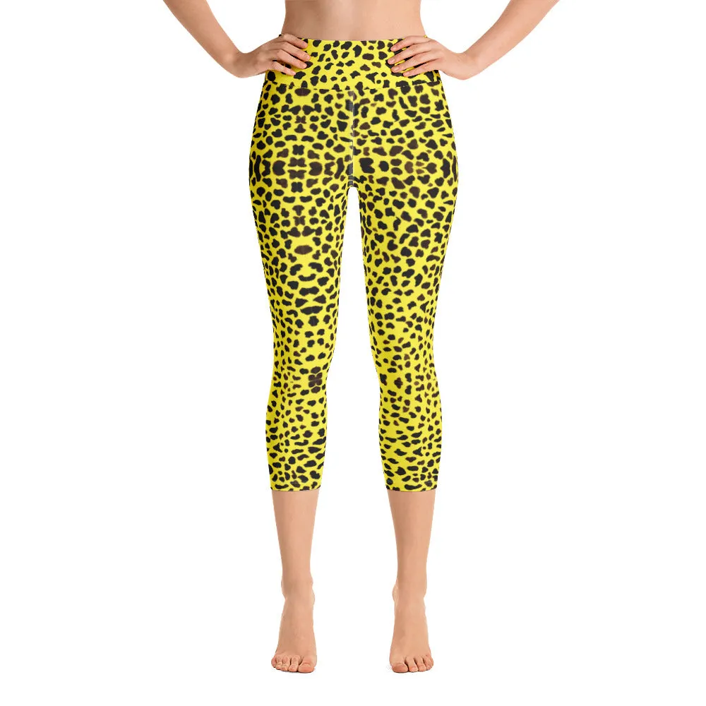 Yellow Leopard Yoga Capri Leggings, Bright Cheetah Animal Print Capri Tights-Made in USA/EU/MX