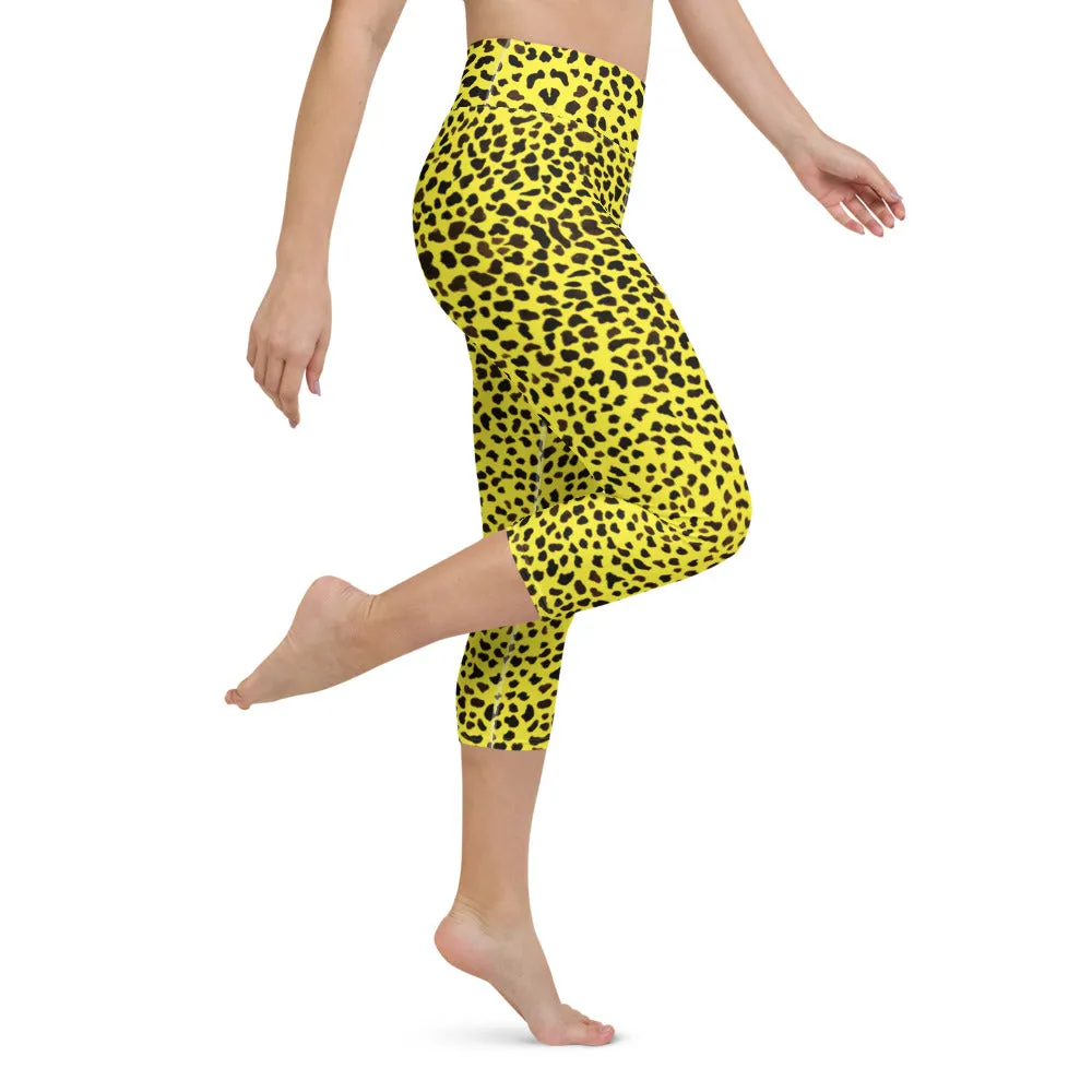 Yellow Leopard Yoga Capri Leggings, Bright Cheetah Animal Print Capri Tights-Made in USA/EU/MX