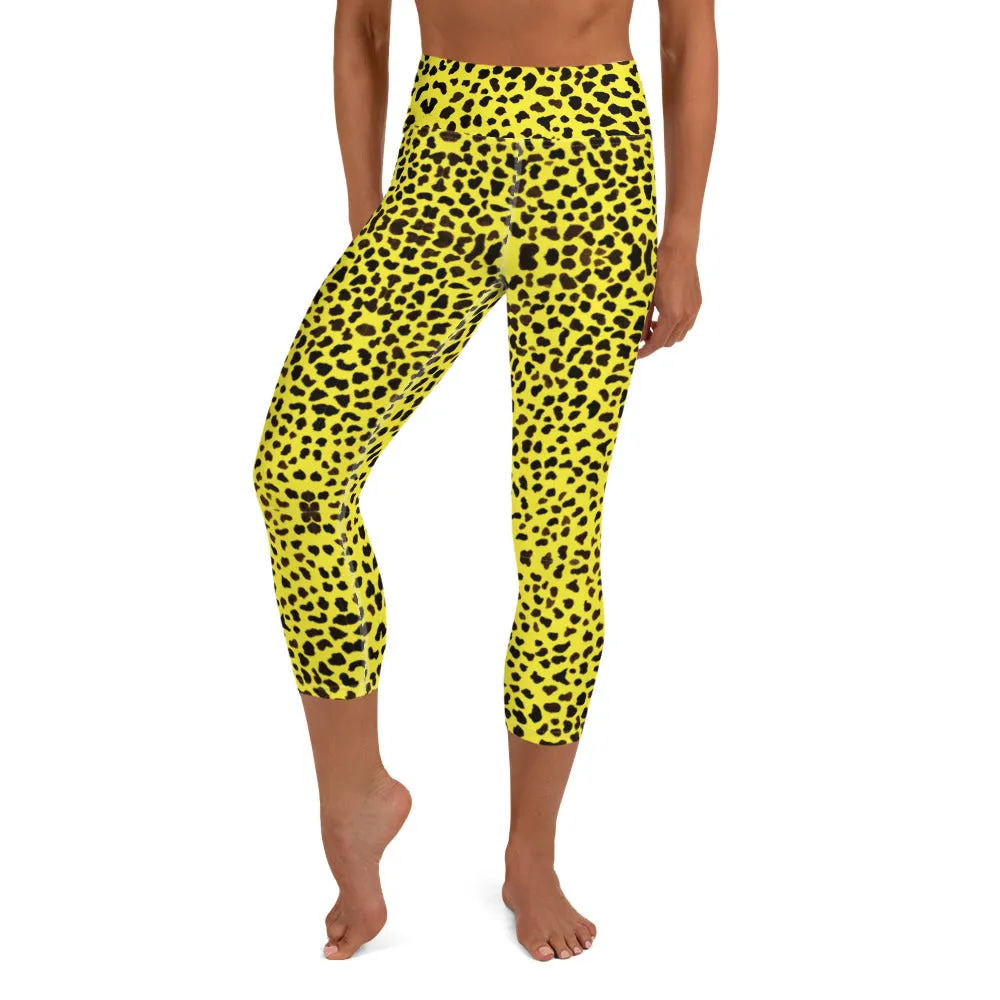 Yellow Leopard Yoga Capri Leggings, Bright Cheetah Animal Print Capri Tights-Made in USA/EU/MX