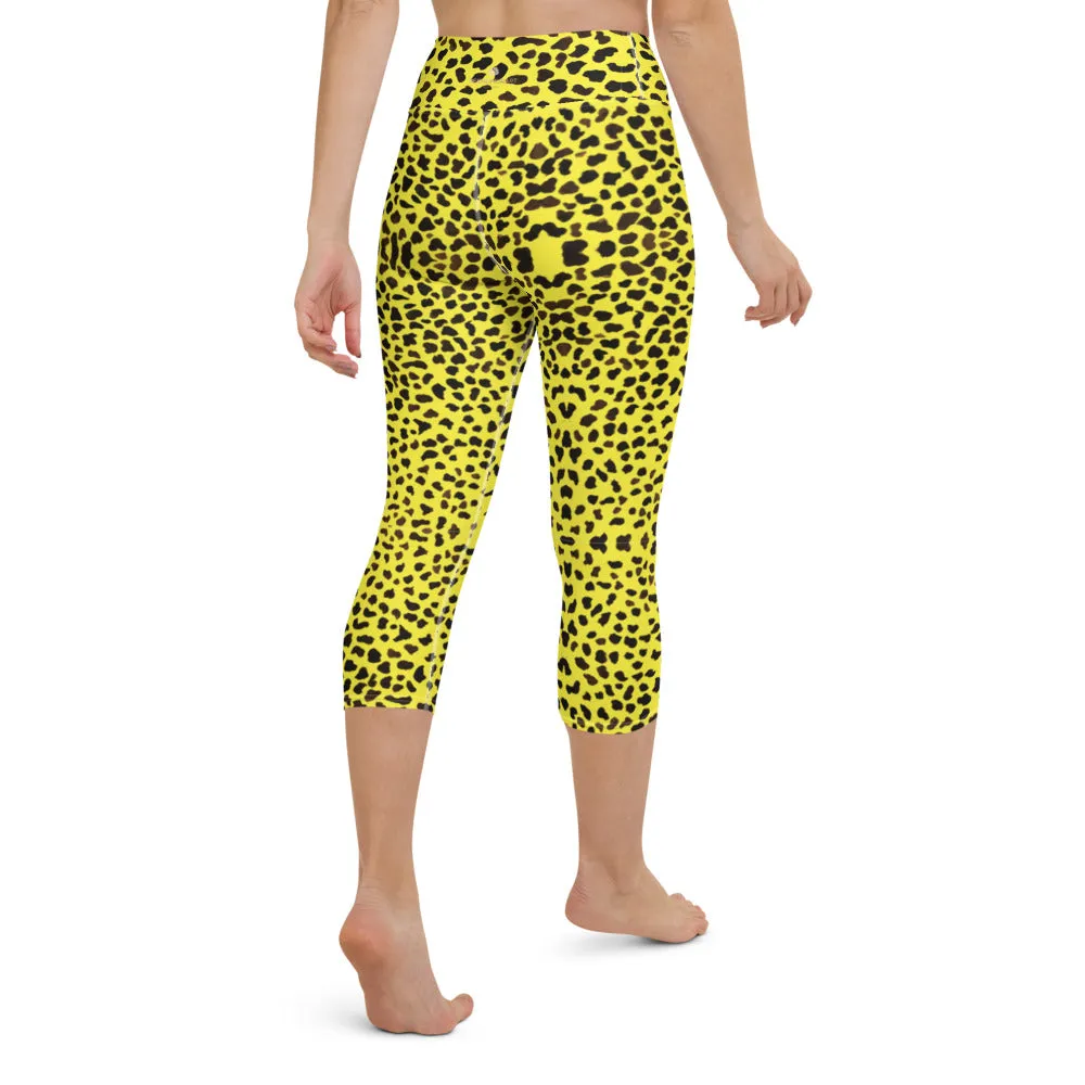 Yellow Leopard Yoga Capri Leggings, Bright Cheetah Animal Print Capri Tights-Made in USA/EU/MX